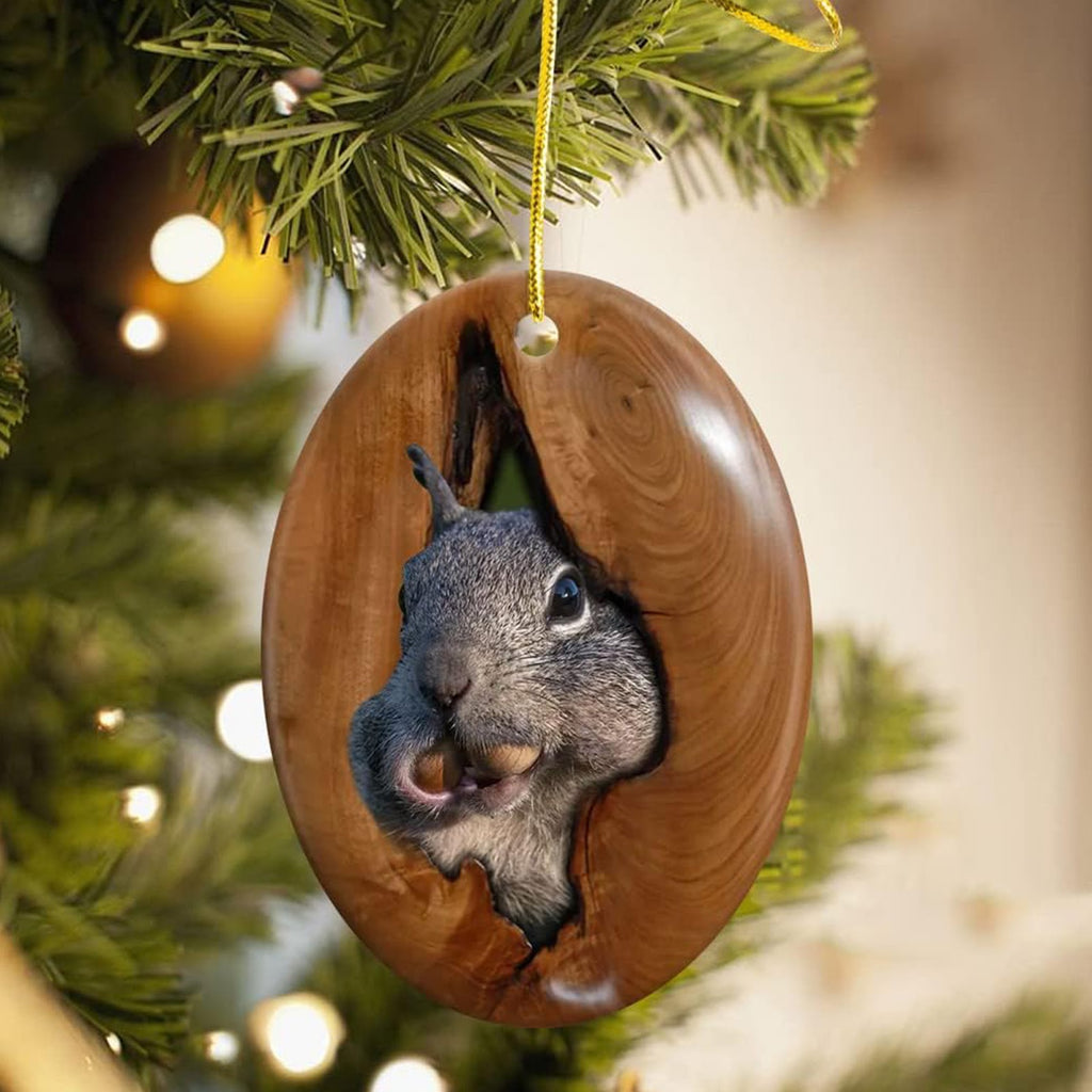 Squirrel Christmas Ornament, Tree Hollow Woodland Gift, Ceramic Hanging Tree Decoration
