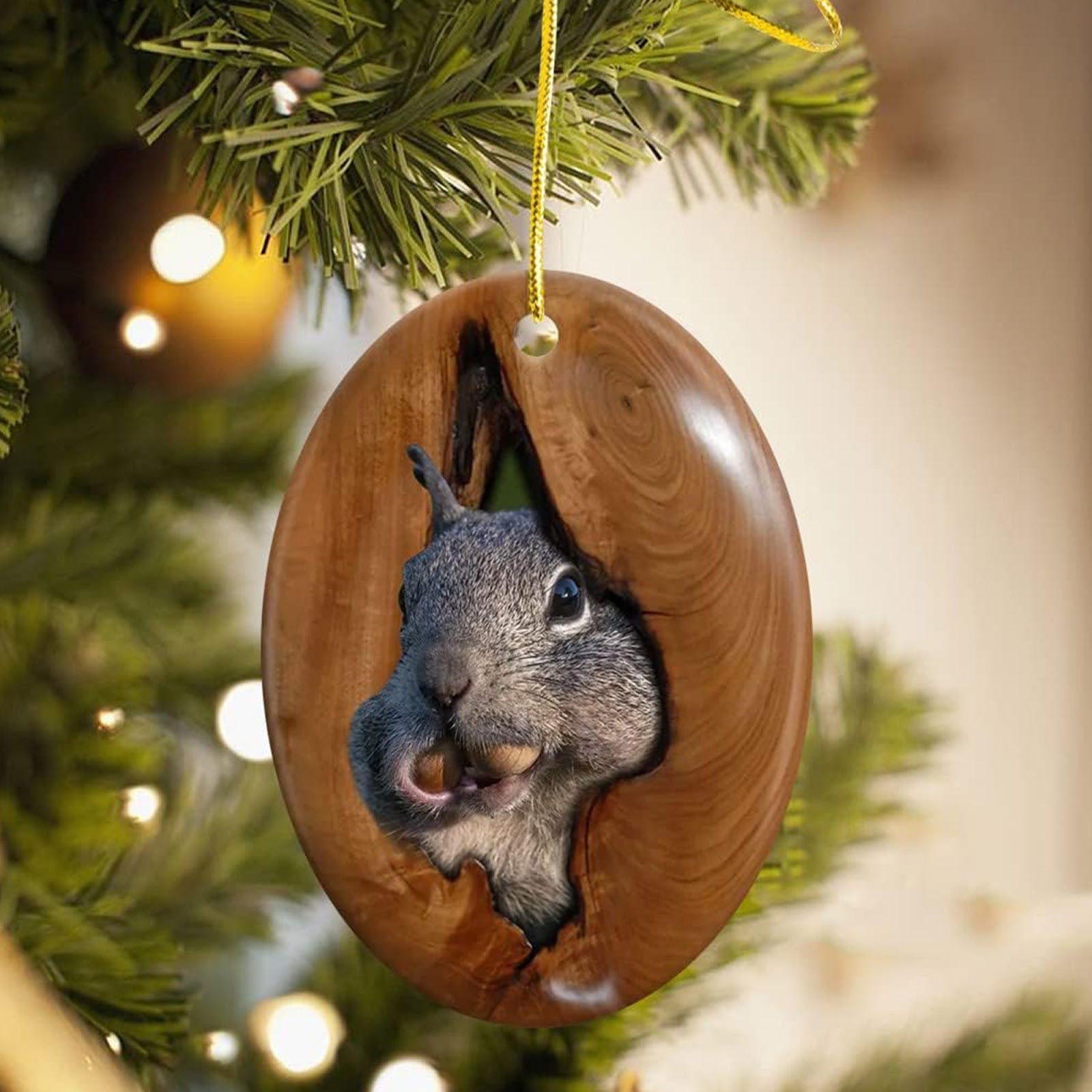 Squirrel Christmas Ornament, Tree Hollow Woodland Gift, Ceramic Hanging Tree Decoration
