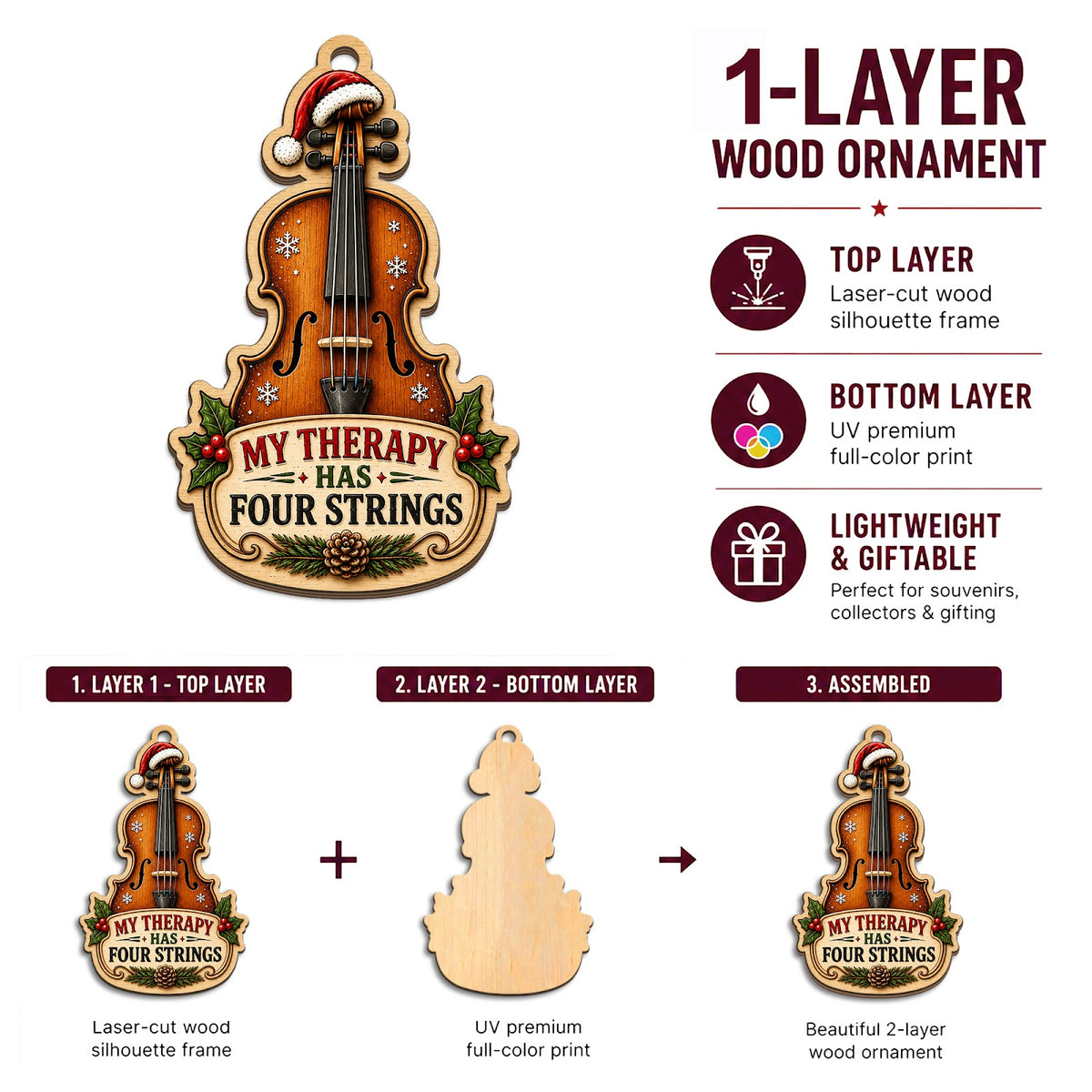 Violin Christmas Ornament, Stocking Stuffer For Violin Player, Wood Hanging Tree Decoration