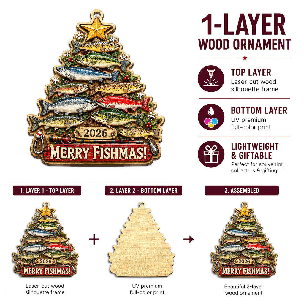 Merry Fishmas Fishing Christmas Ornament, Stocking Stuffer For Angler, Wood Tree Decoration