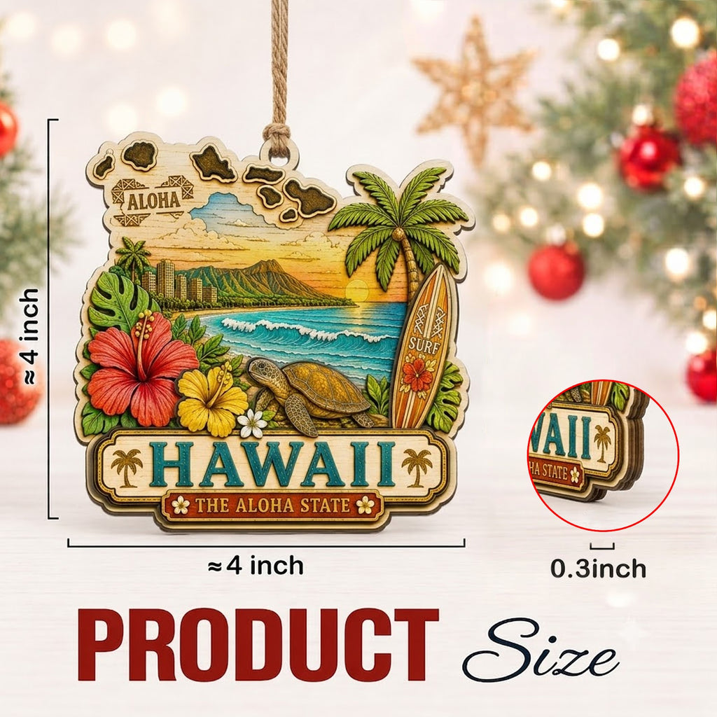 Hawaii Christmas Ornament, Aloha Tropical Island Souvenir Gift, Wood Hanging Tree Decoration