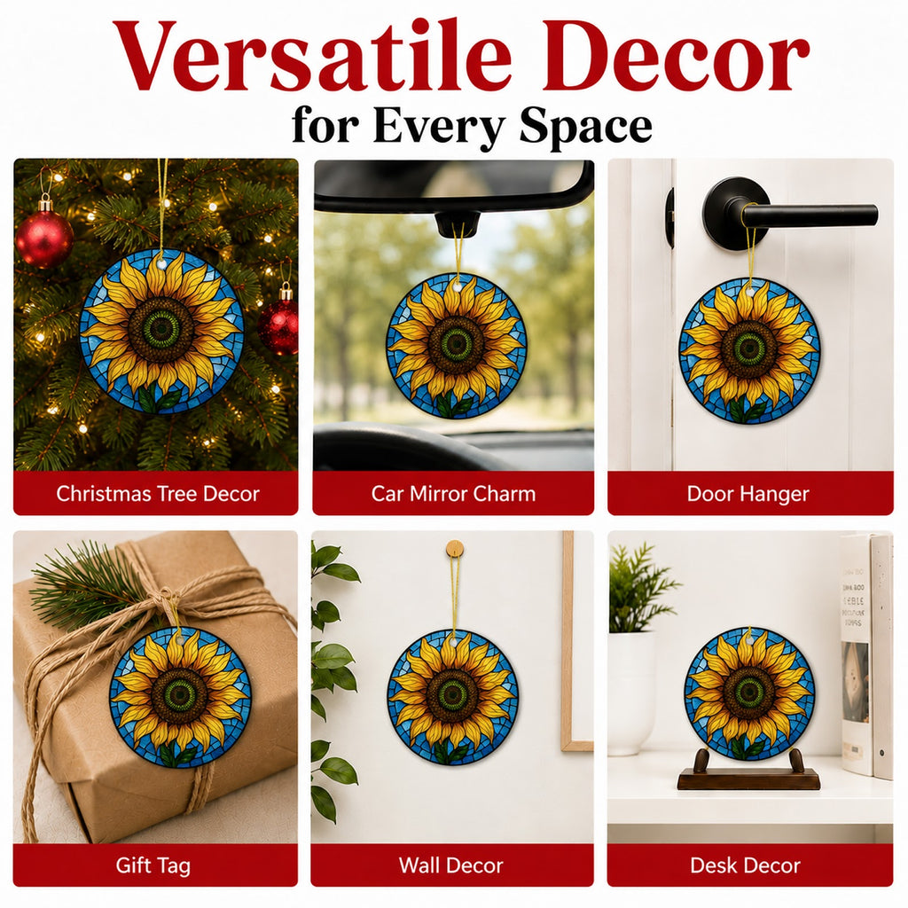 Sunflower Christmas Ornament, Stained Glass Garden Gift, Ceramic Hanging Tree Decoration