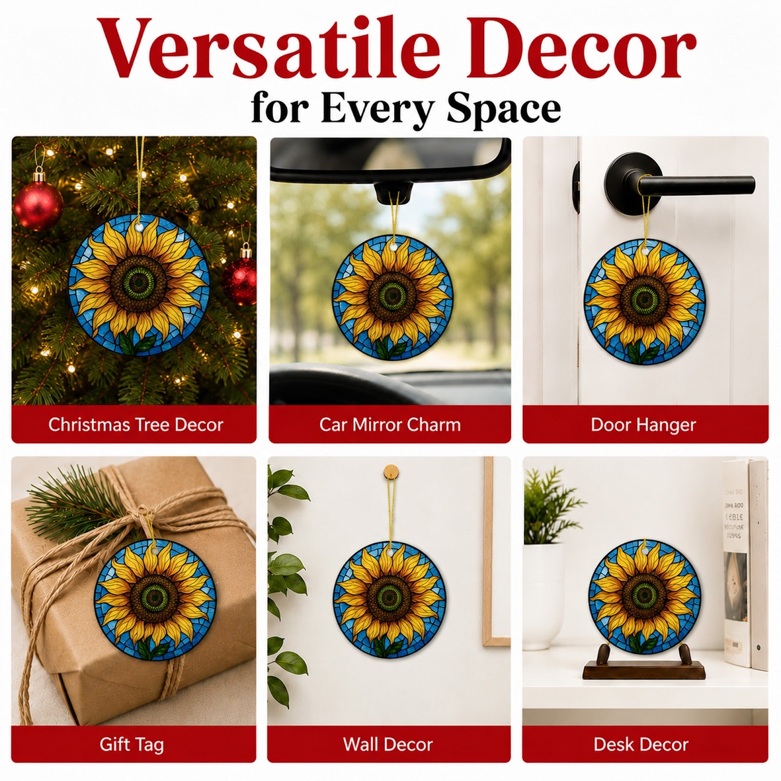 Sunflower Christmas Ornament, Stained Glass Garden Gift, Ceramic Hanging Tree Decoration