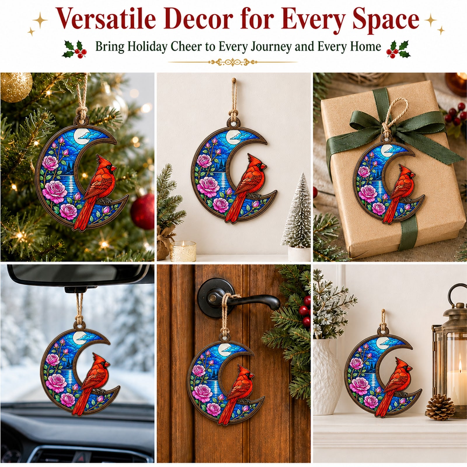 Cardinal Moon Christmas Ornament, Bird Lover Holiday Gift, Wood Hanging Tree Decoration