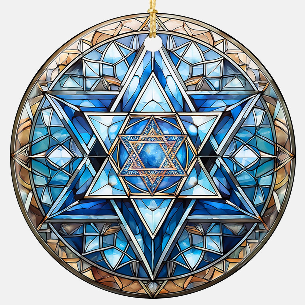 A Six-Pointed Star in Cobalt and Steel Blue Glass at the Heart of a Kaleidoscope Mandala. Ceramic Keepsake.