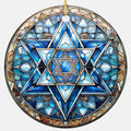 A Six-Pointed Star in Cobalt and Steel Blue Glass at the Heart of a Kaleidoscope Mandala. Ceramic Keepsake.