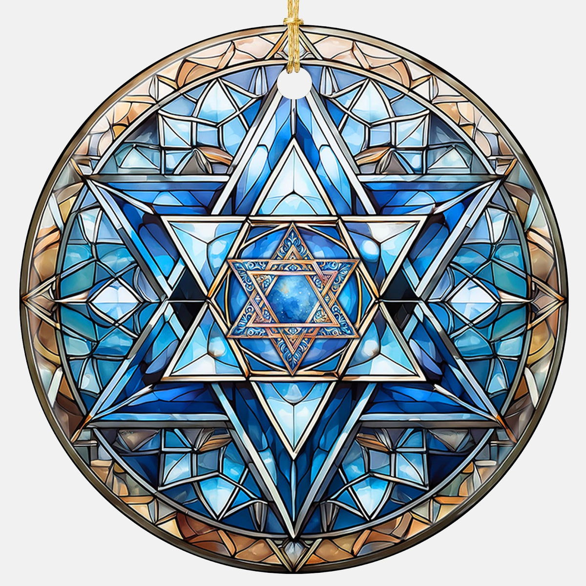 A Six-Pointed Star in Cobalt and Steel Blue Glass at the Heart of a Kaleidoscope Mandala. Ceramic Keepsake.
