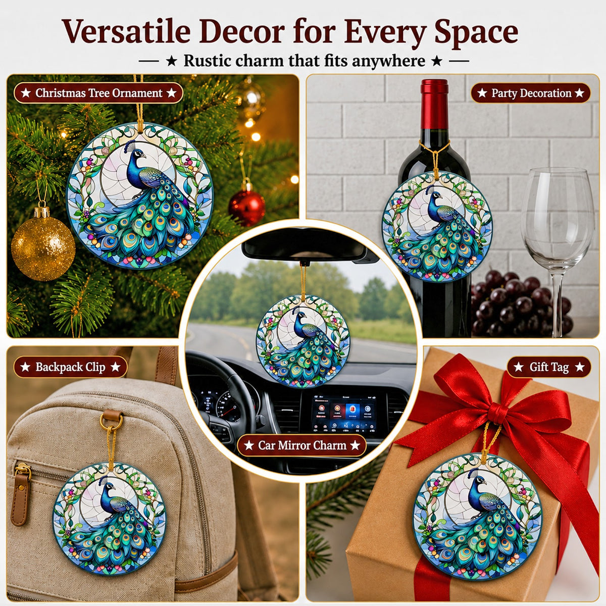 Peacock Christmas Ornament, Stained Glass Bird Lover Gift, Ceramic Hanging Tree Decoration