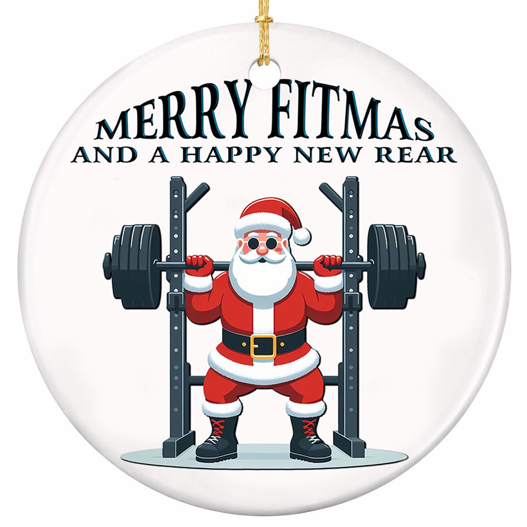 Muscular Santa Squatting Under a Loaded Barbell in a Power Rack. Ceramic Gag Keepsake for Lifters.