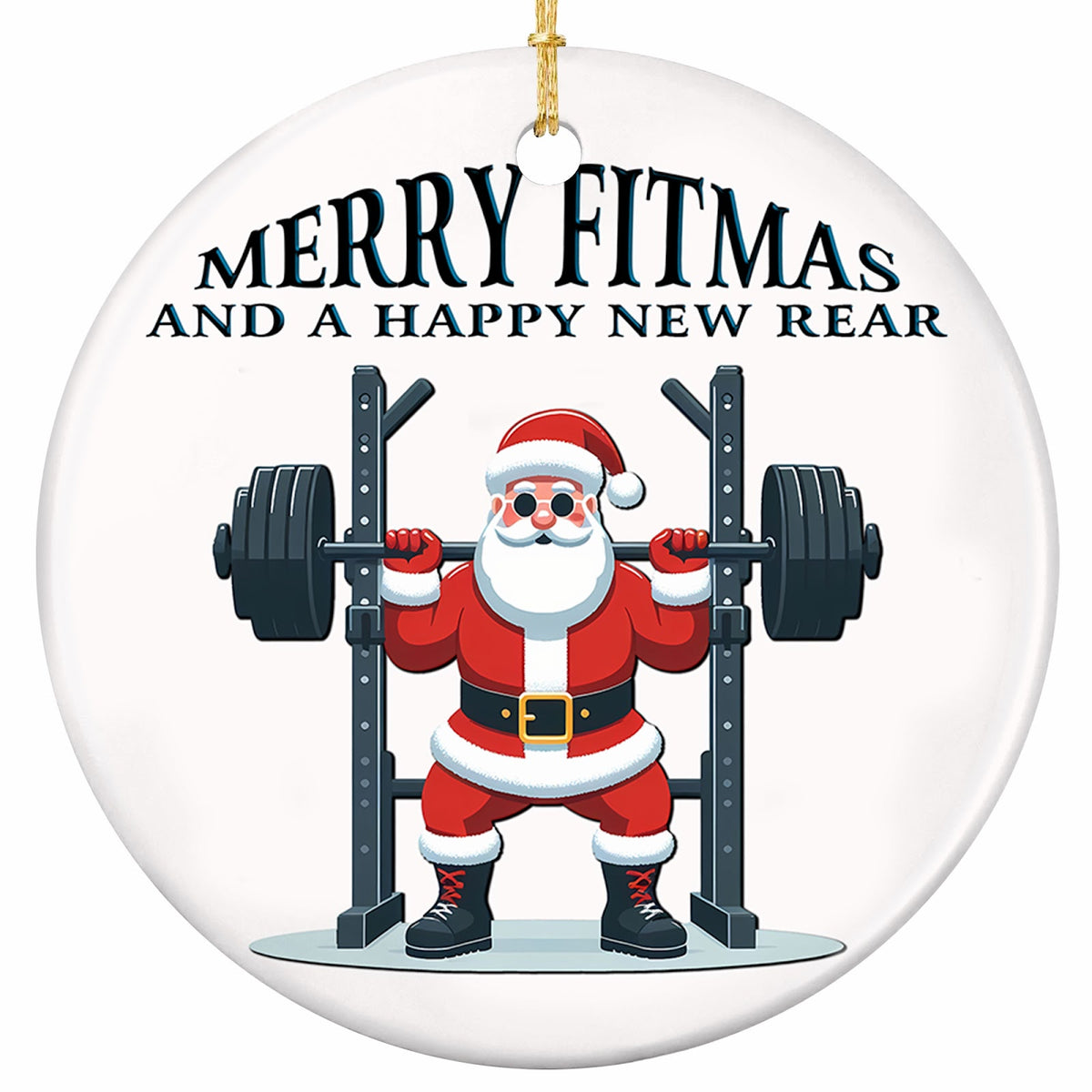 Muscular Santa Squatting Under a Loaded Barbell in a Power Rack. Ceramic Gag Keepsake for Lifters.