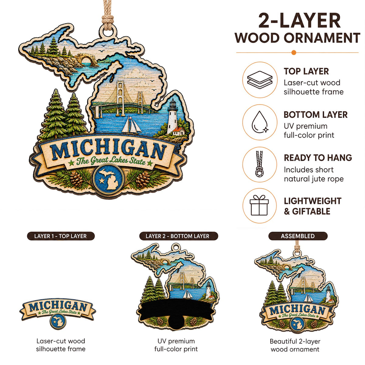Michigan Christmas Ornament, Great Lakes Mackinac Bridge Souvenir Gift, Wood Tree Decoration