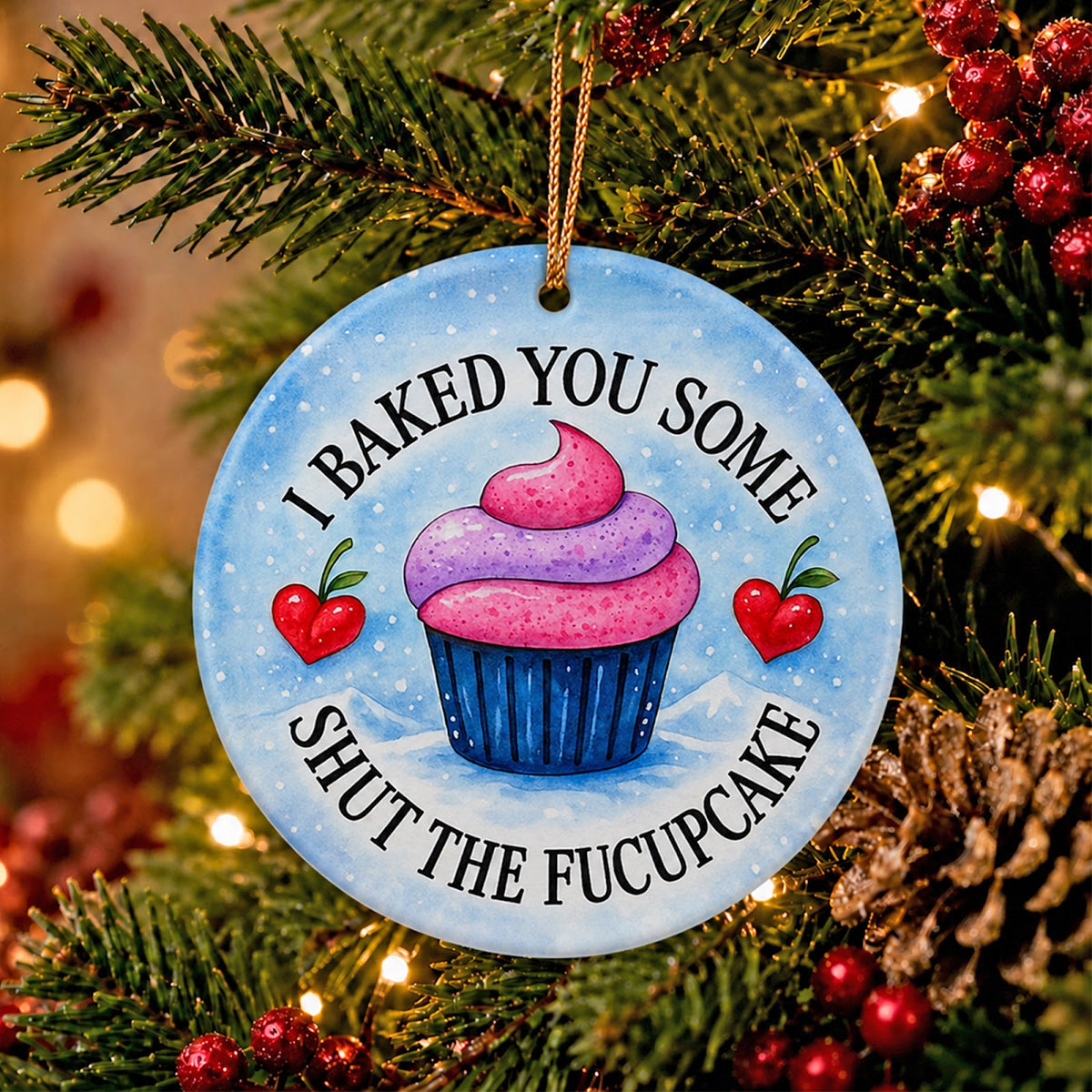 Funny Cupcake Christmas Ornament, Sassy Baking Humor Gift, Ceramic Hanging Tree Decoration