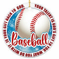 Your Talent Is God's Gift to You. Stitched Baseball on Icy Blue, Ceramic Keepsake for Christian Ballplayers.