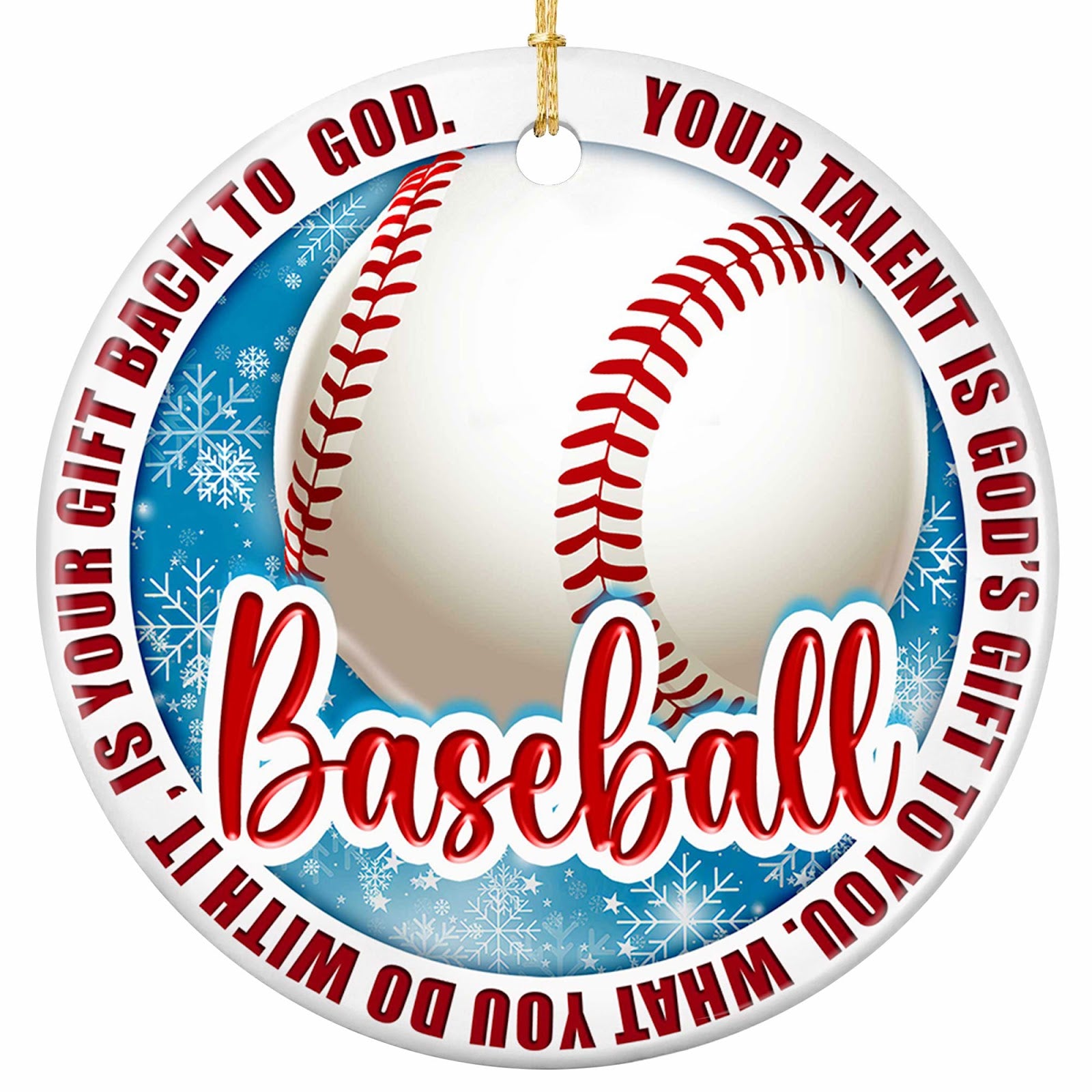 Your Talent Is God's Gift to You. Stitched Baseball on Icy Blue, Ceramic Keepsake for Christian Ballplayers.
