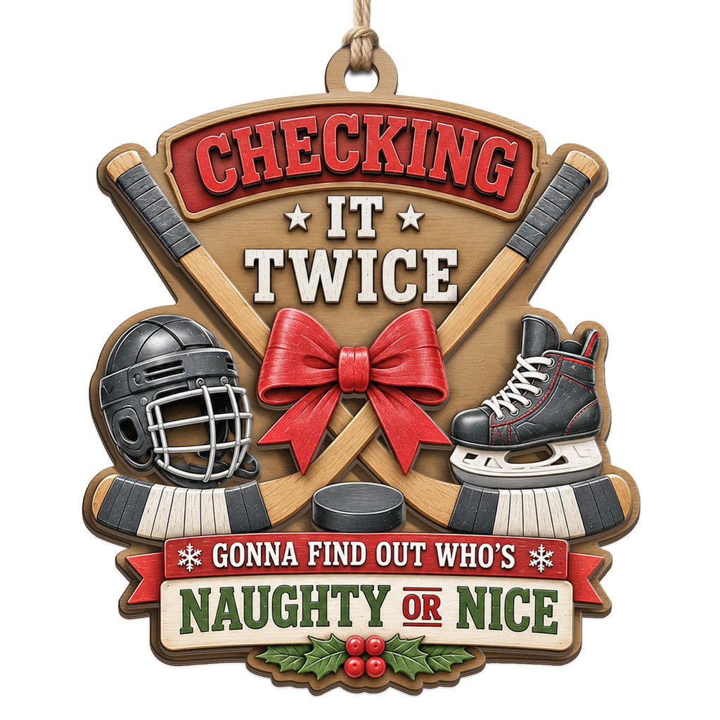 Banner Pairs Bow Tied Sticks With A Helmet Skate And Puck On Tan Wood. Great Gift For Hockey Players Coaches And Fans.