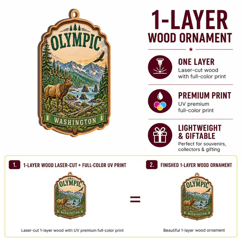 Olympic National Park Christmas Ornament, Washington Coast Hiker Gift, Wood Tree Decoration