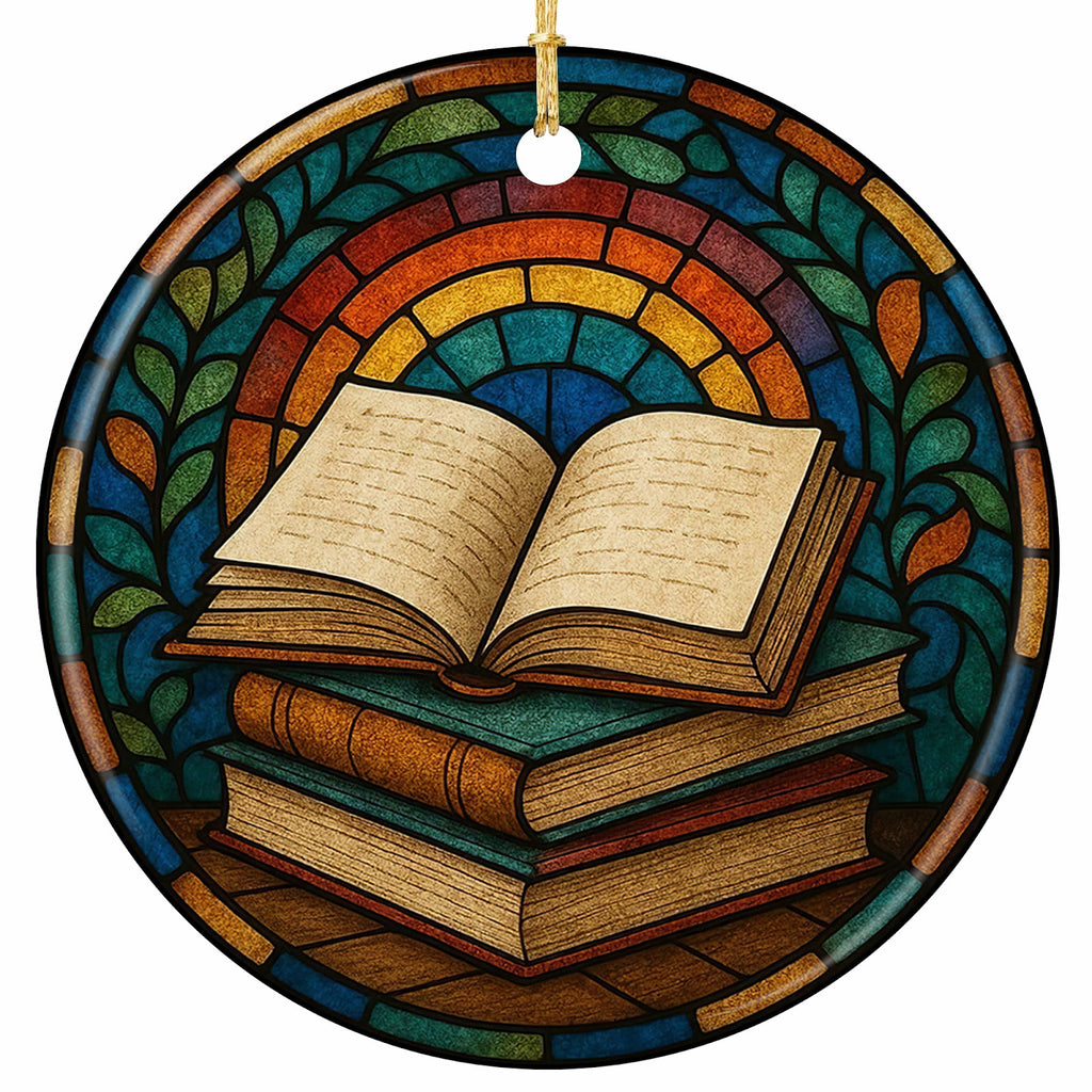 Open Book on a Stack of Gilded Hardbacks Under a Glass Arch. Ceramic Keepsake for Readers and Librarians.