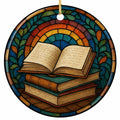 Open Book on a Stack of Gilded Hardbacks Under a Glass Arch. Ceramic Keepsake for Readers and Librarians.