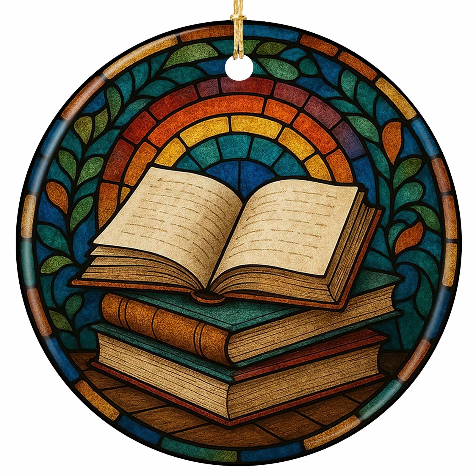 Open Book on a Stack of Gilded Hardbacks Under a Glass Arch. Ceramic Keepsake for Readers and Librarians.