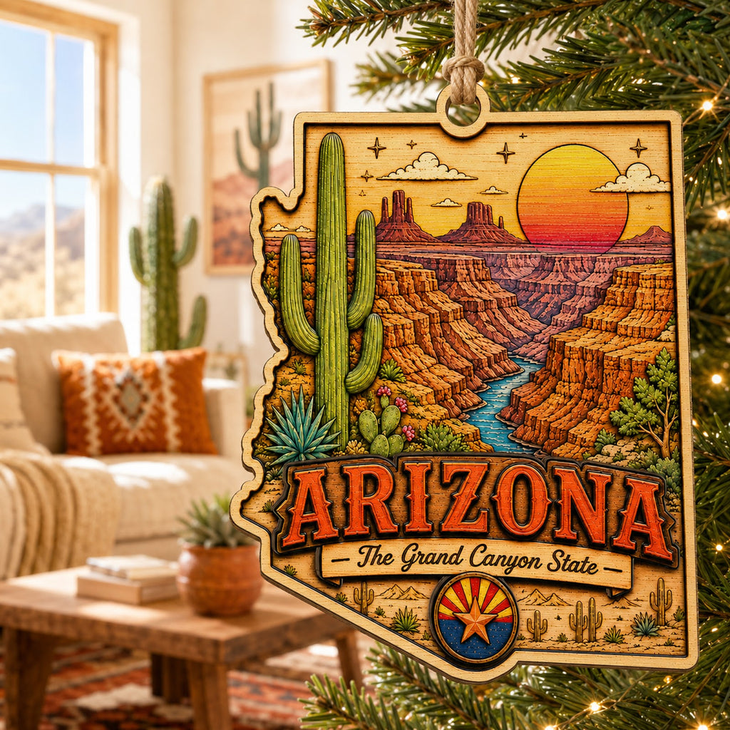 Arizona Christmas Ornament, Saguaro Cactus and Desert Souvenir Gift, Wood Tree Decoration