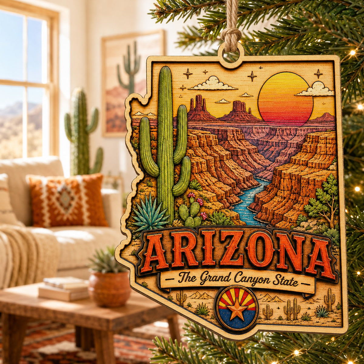 Arizona Christmas Ornament, Saguaro Cactus and Desert Souvenir Gift, Wood Tree Decoration