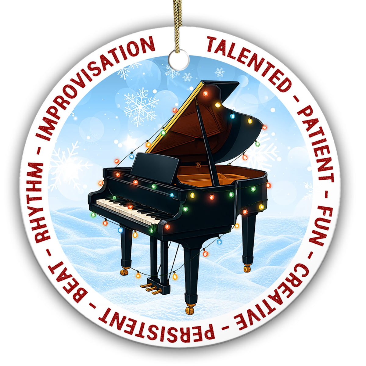 Black Grand Piano With Its Lid Open, Draped in Colored Lights. Ceramic Keepsake for Pianists and Teachers.