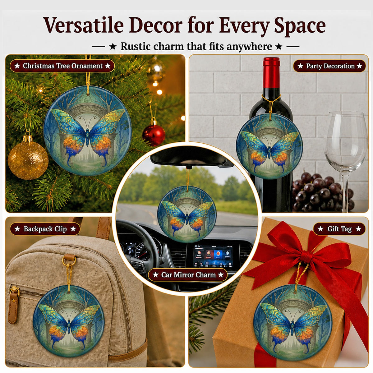 Butterfly Christmas Ornament, Fantasy Enchanted Forest Gift, Ceramic Hanging Tree Decoration