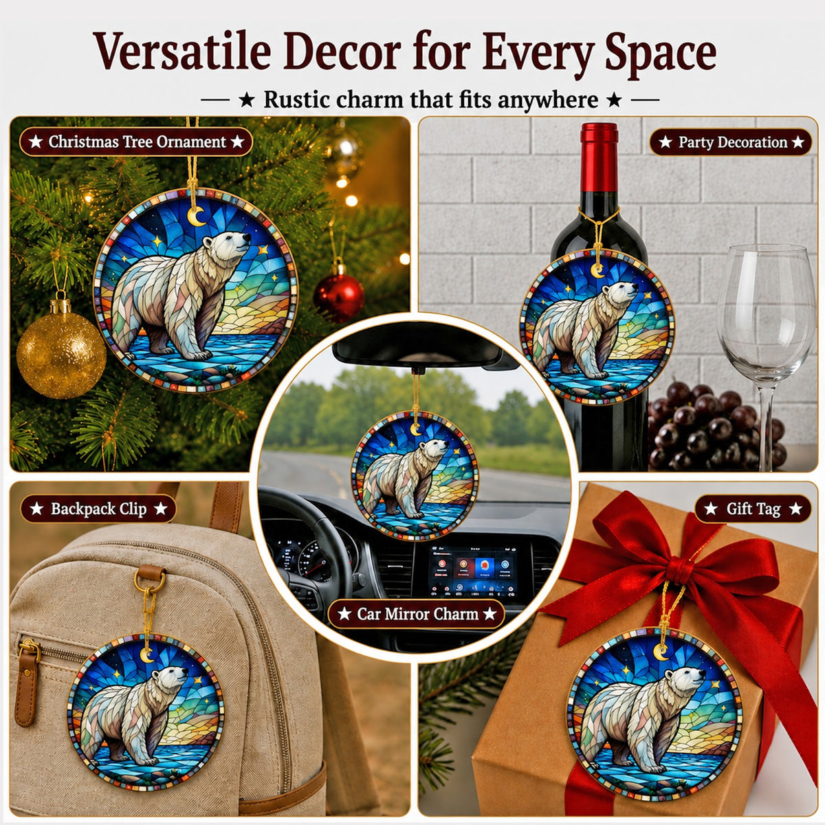 Polar Bear Christmas Ornament, Stained Glass Arctic Gift, Ceramic Hanging Tree Decoration