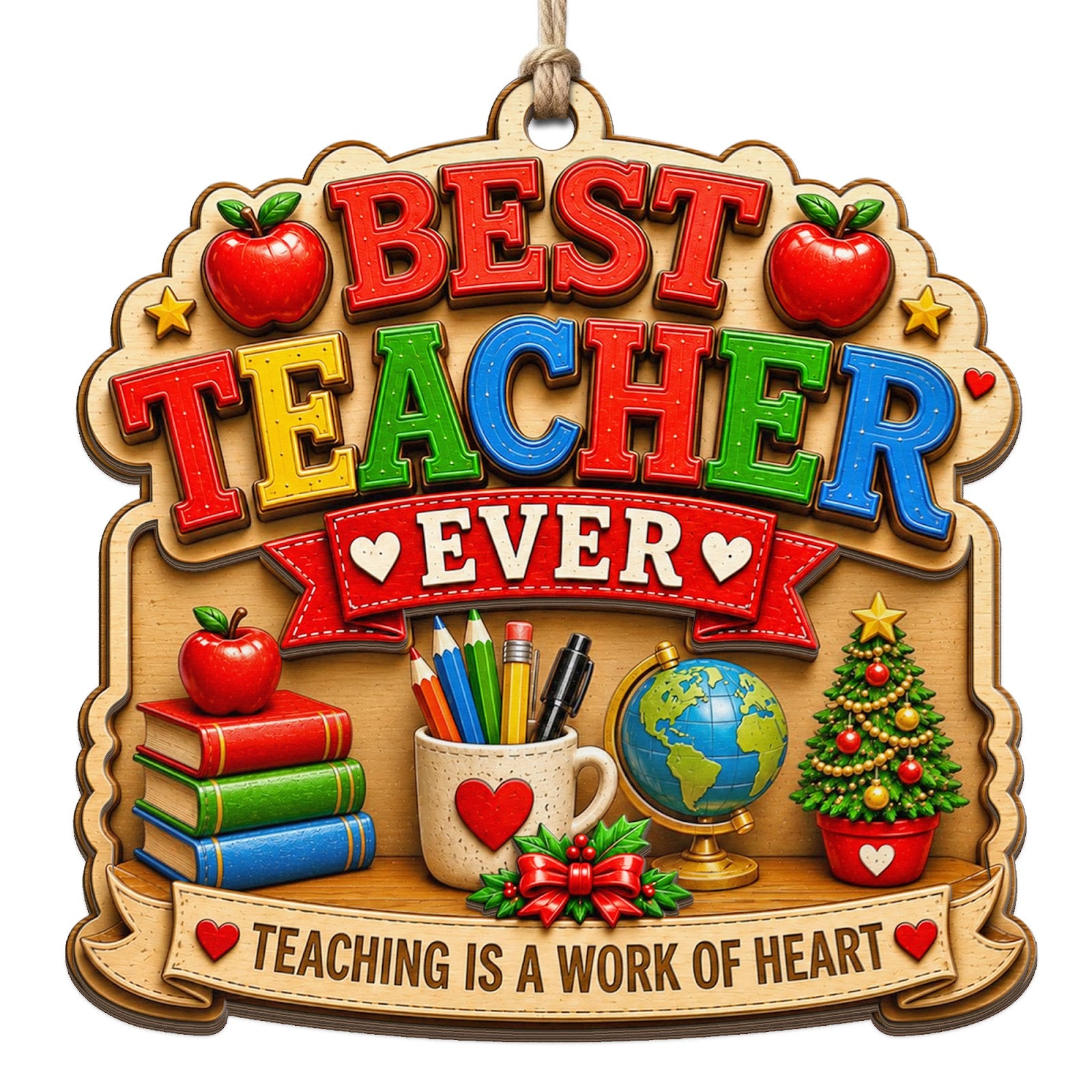 Shows Colorful Letters, a Globe, and Books with Teaching Is a Work of Heart Text. Gift for Teachers Who Give Their Best.