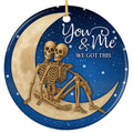 Two Skeletons Cuddled on a Crescent Moon Under a Starry Midnight Sky. Ceramic Keepsake for Goth Couples.