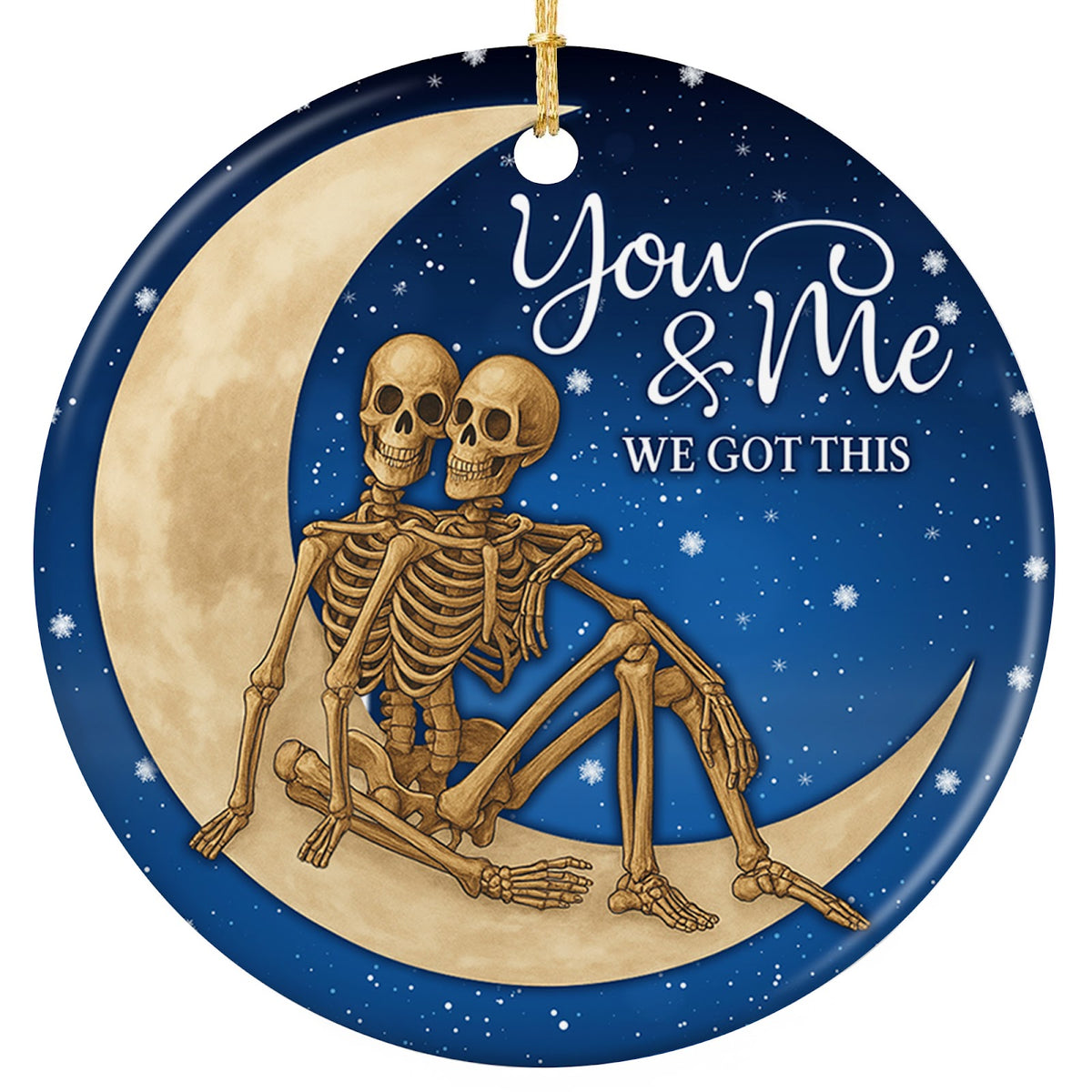 Two Skeletons Cuddled on a Crescent Moon Under a Starry Midnight Sky. Ceramic Keepsake for Goth Couples.