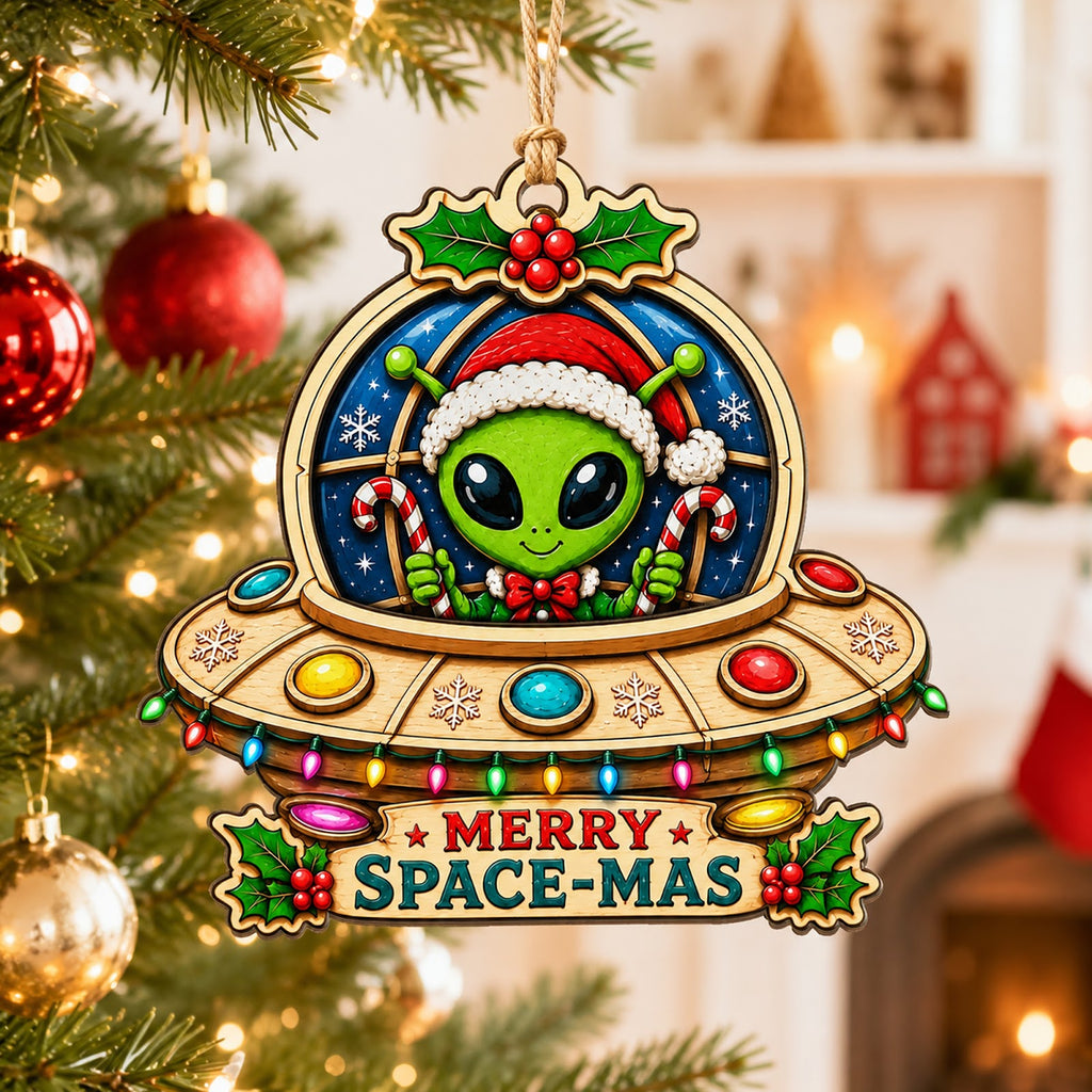 UFO Alien Abduction Space Funny Christmas Ornament, Space Alien Keepsake, Wood Tree Decoration