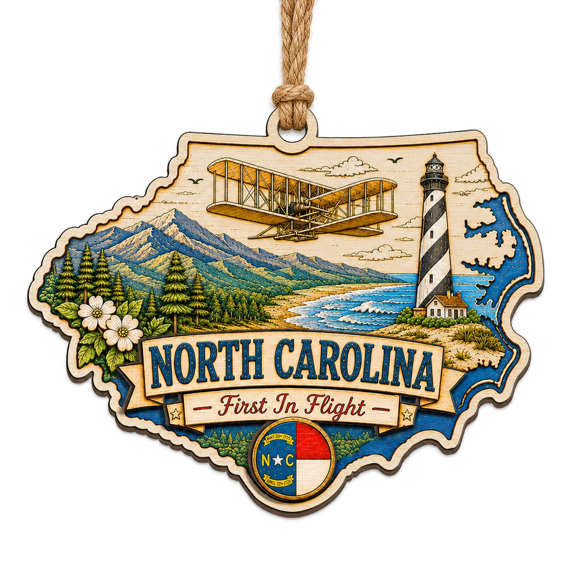 Blue Ridge Overlook With an Outer Banks Lighthouse, Dogwood and Ridges. Wood Keepsake for Southern Travel.