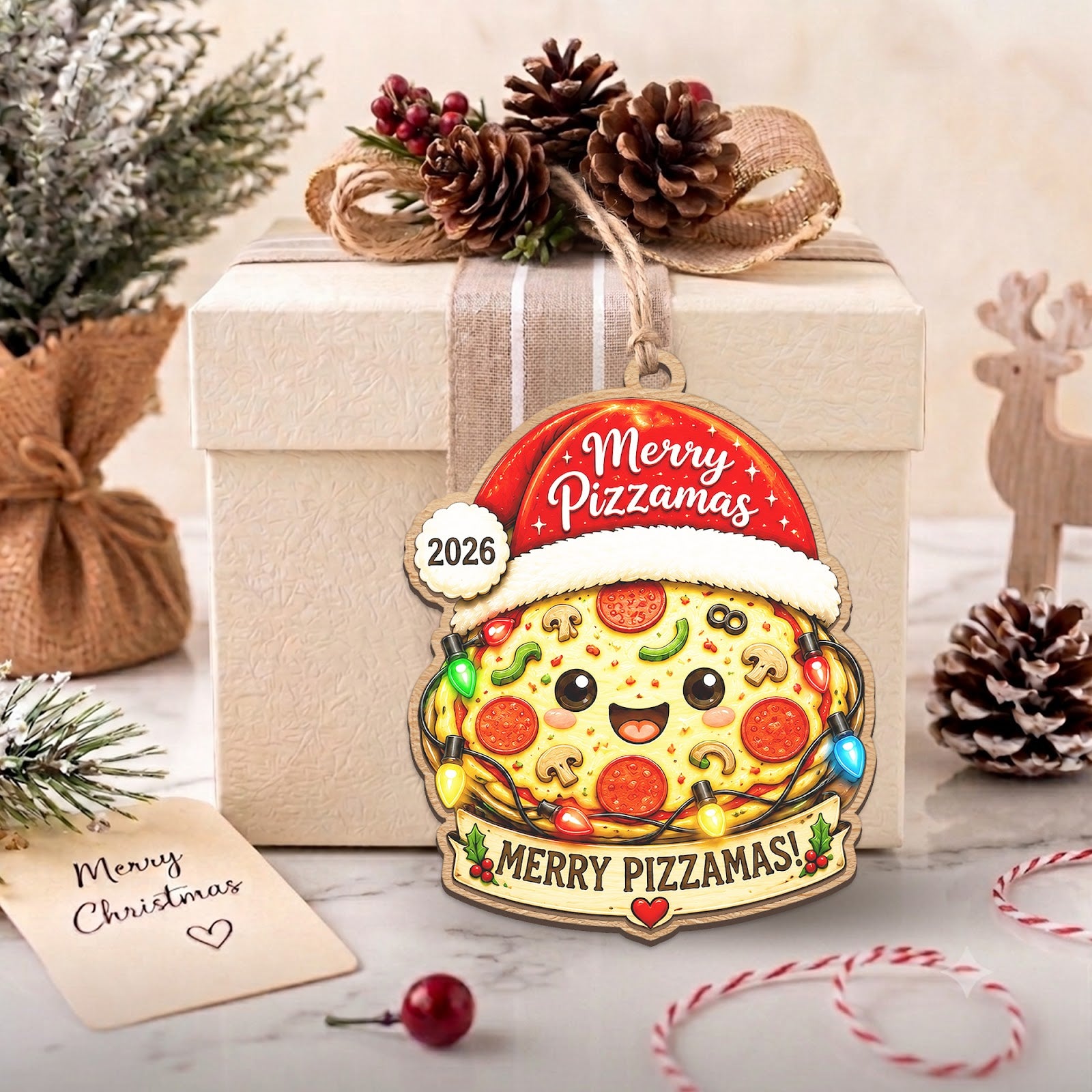 Pizza Wood Christmas Ornament