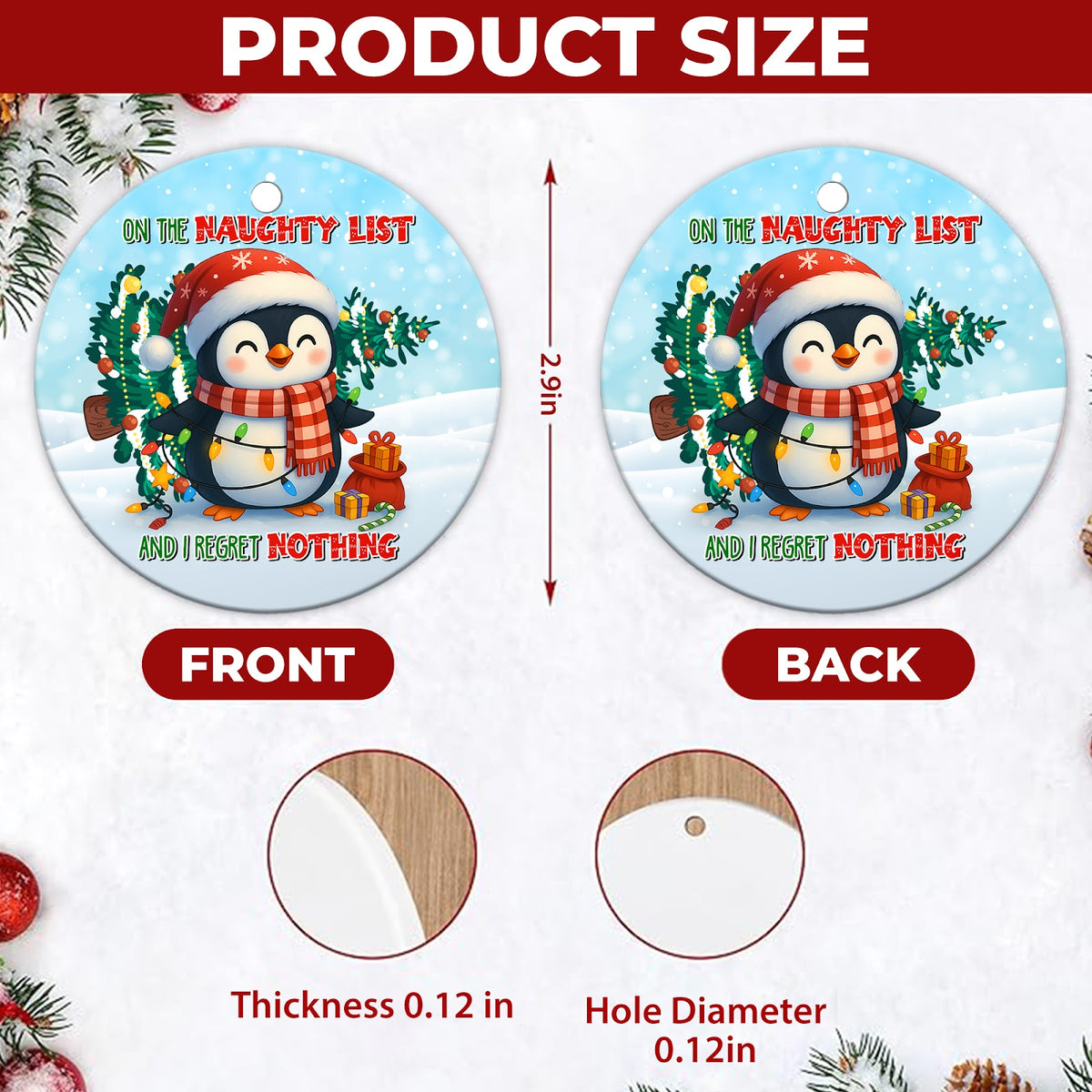 Penguin Christmas Ornament, Naughty List Funny Gift, Ceramic Hanging Tree Decoration
