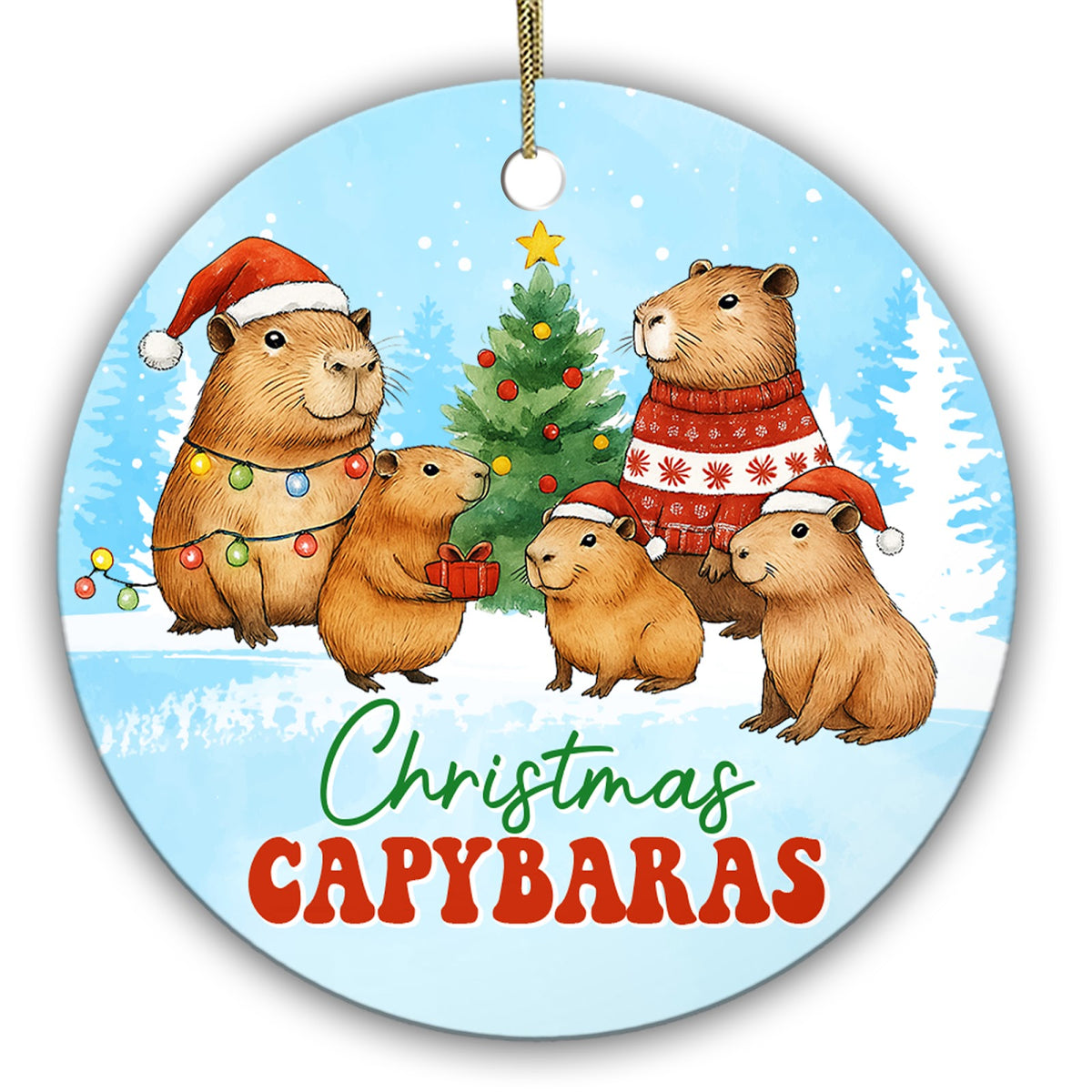 Five Capybaras in Hats and Sweaters Around a Little Tree. Ceramic Keepsake for Families and Capybara Fans.