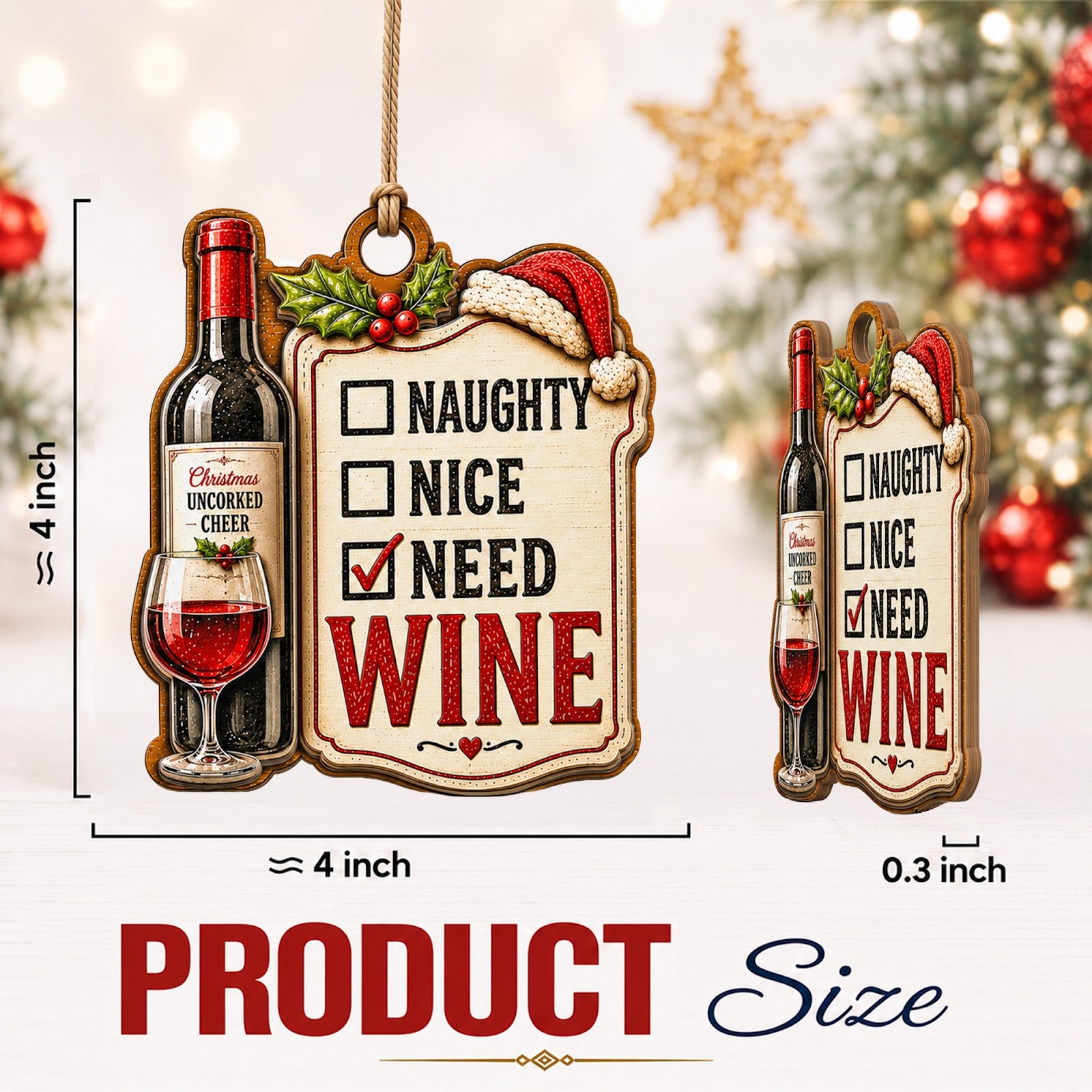 Wine Bottle Wood Christmas Ornament