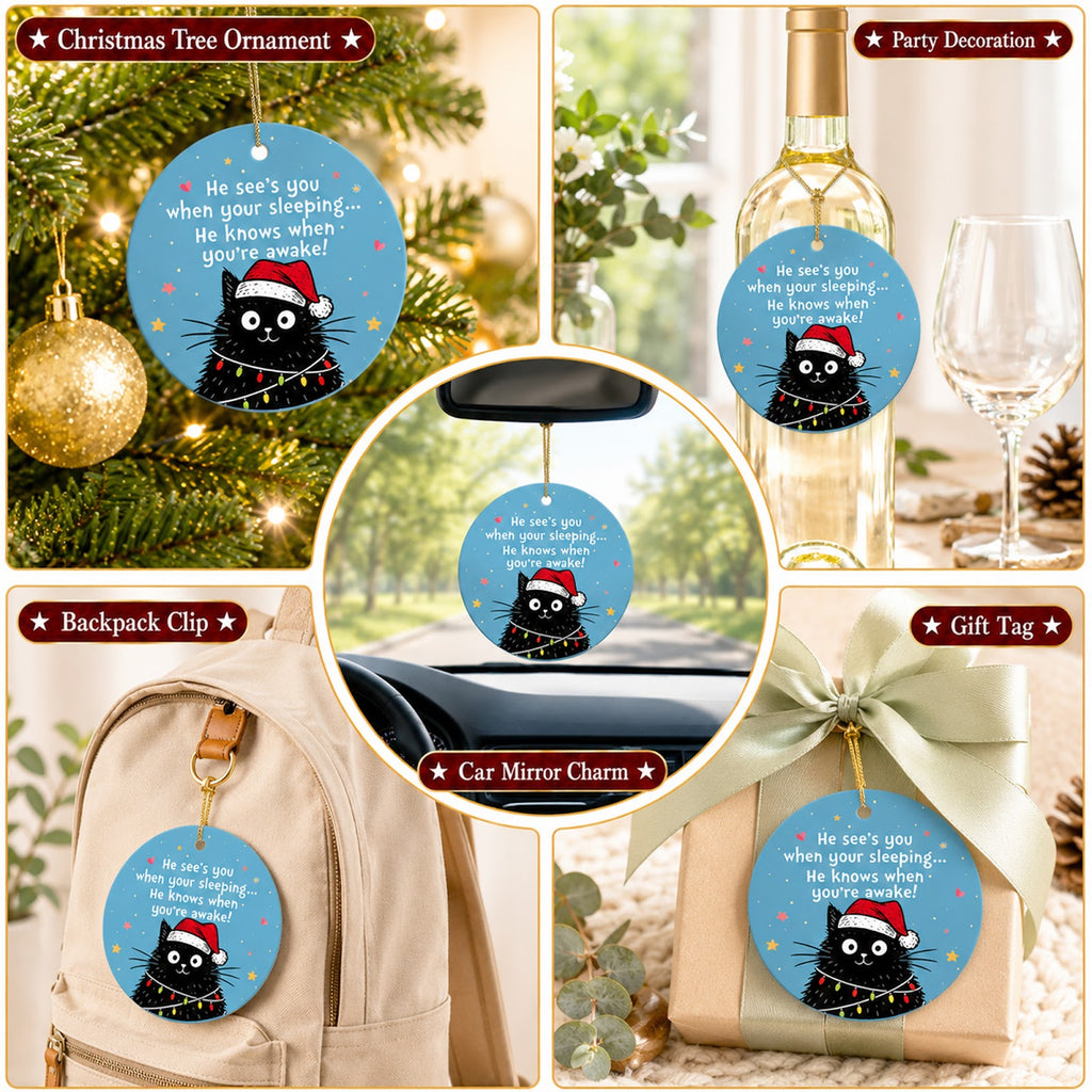 Black Cat Christmas Ornament, Funny Santa Hat Cat Gift, Ceramic Hanging Tree Decoration