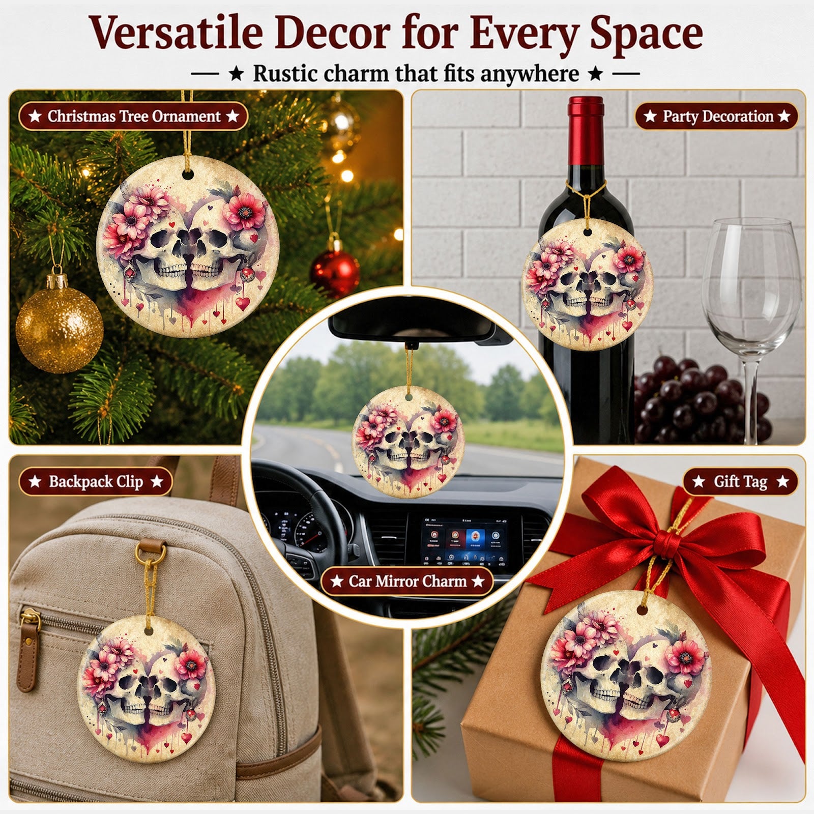Gothic Christmas Ornament, Skull Roses Couples Keepsake, Ceramic Hanging Tree Decoration