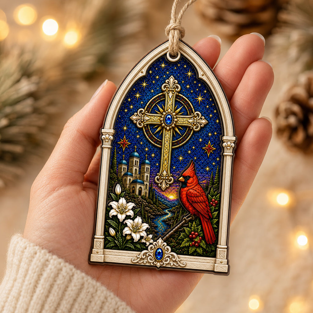Cardinal And Cross Christmas Ornament, Faith Sympathy Gift, Wood Hanging Tree Decoration