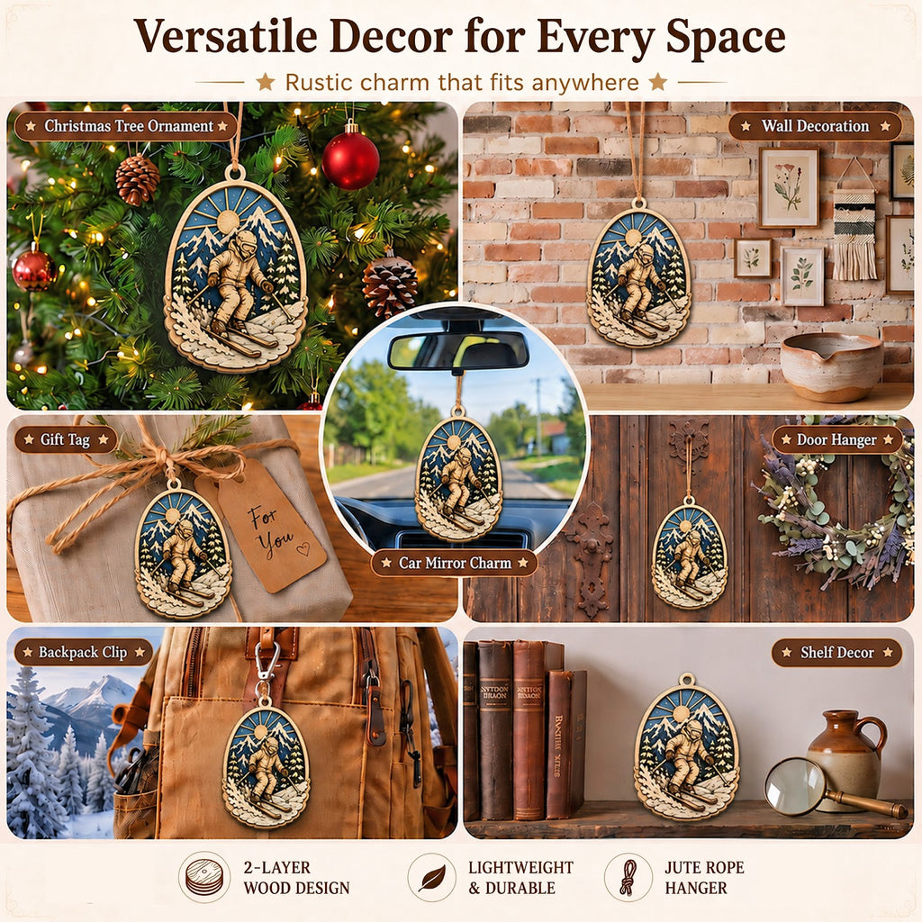 Skier Mountain Wood Christmas Ornament