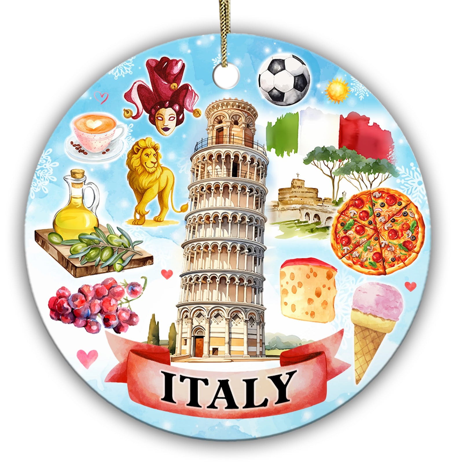 Leaning Tower, Carnival Mask, Pizza and Gelato in One Watercolor Collage. Ceramic Keepsake for Italy Travel.