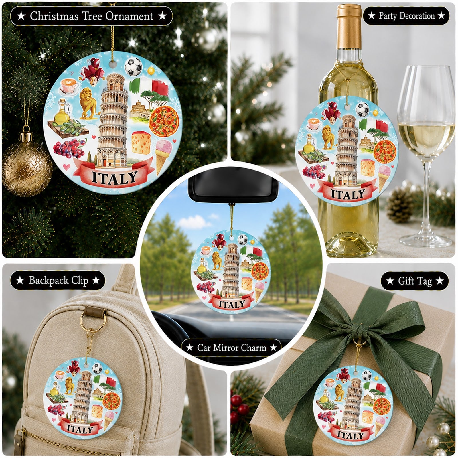Italy Christmas Ornament, Travel Souvenir Keepsake Gift, Ceramic Hanging Tree Decoration