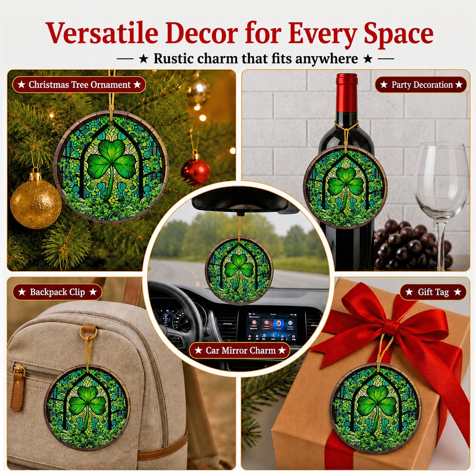 Shamrock Christmas Ornament, Stained Glass Irish Window Gift, Ceramic Hanging Tree Decoration