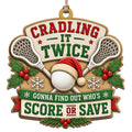 Santa Hatted Ball Rests Between Two Crossed Sticks Amid Holly And Snow. Great Gift For Lacrosse Fans And Coaches.
