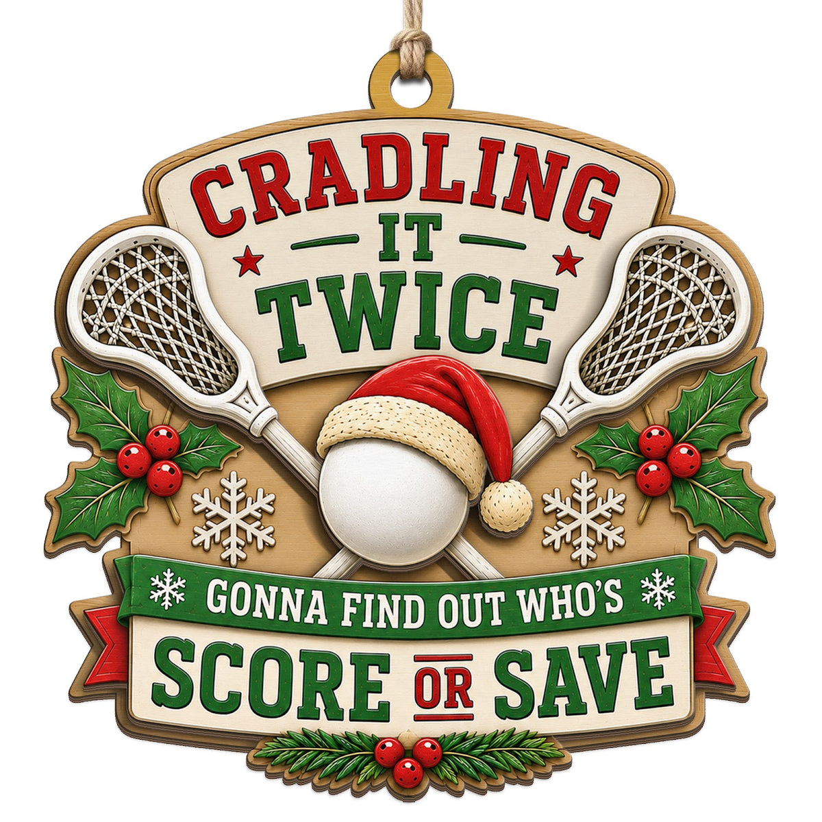 Santa Hatted Ball Rests Between Two Crossed Sticks Amid Holly And Snow. Great Gift For Lacrosse Fans And Coaches.