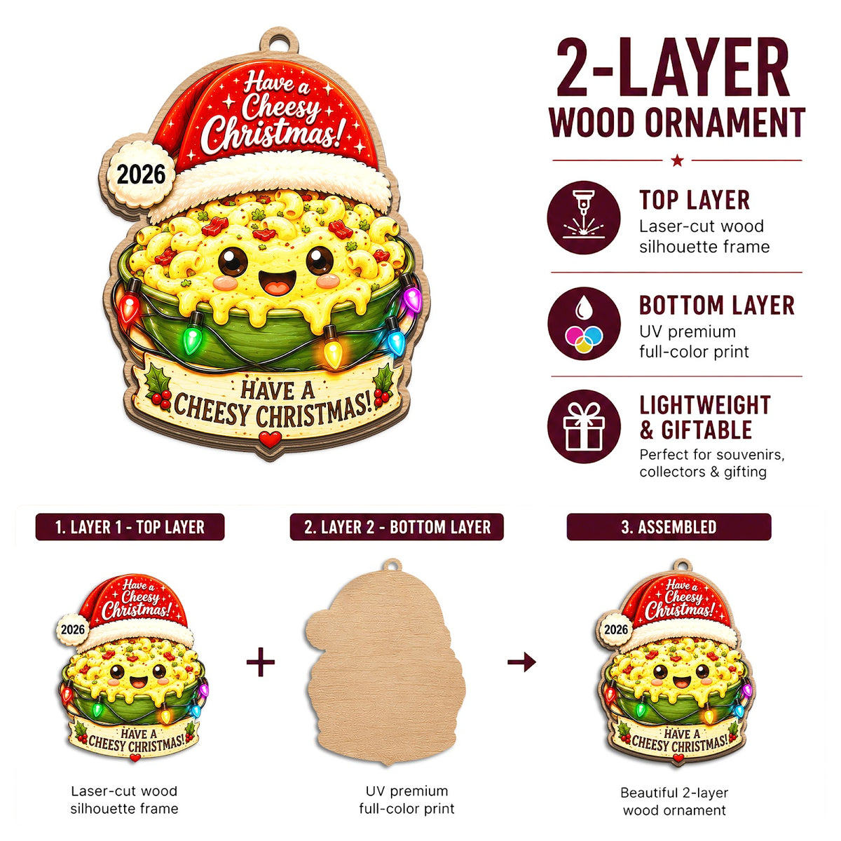 Mac And Cheese Wood Christmas Ornament