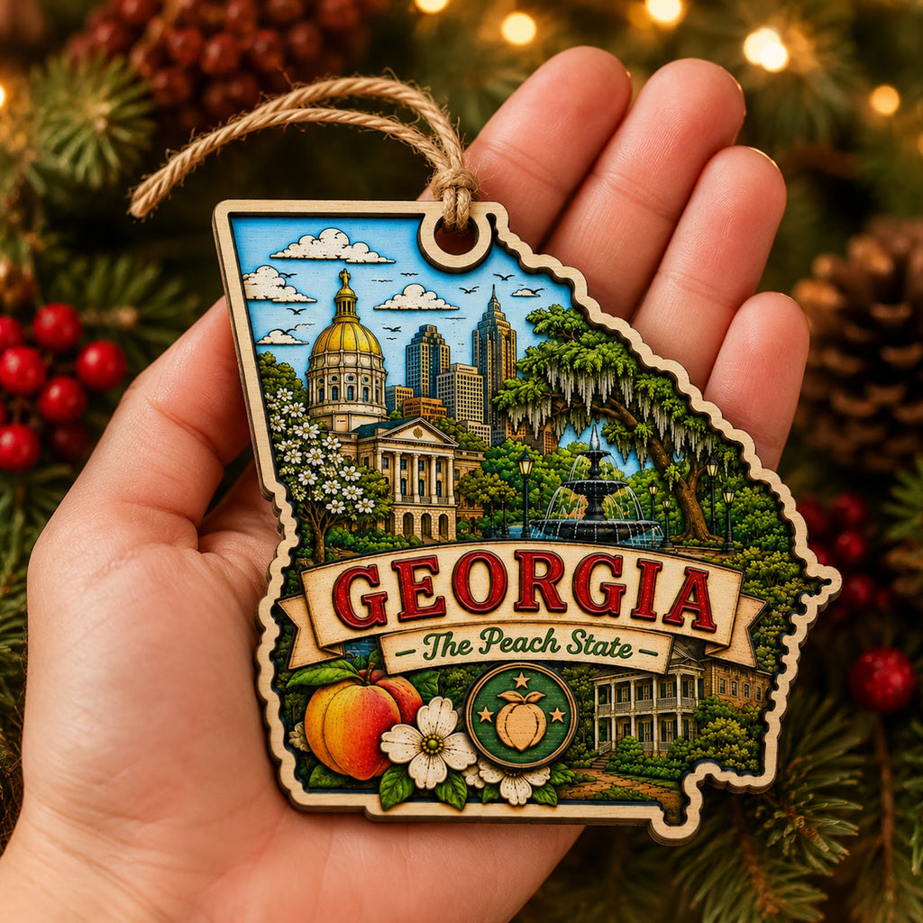 Georgia Christmas Ornament, Peach and Savannah Magnolia Souvenir Gift, Wood Tree Decoration