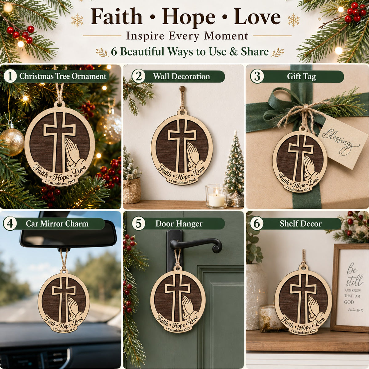 Faith Hope Love Christmas Ornament, Christian Holiday Gift, Wood Hanging Tree Decoration