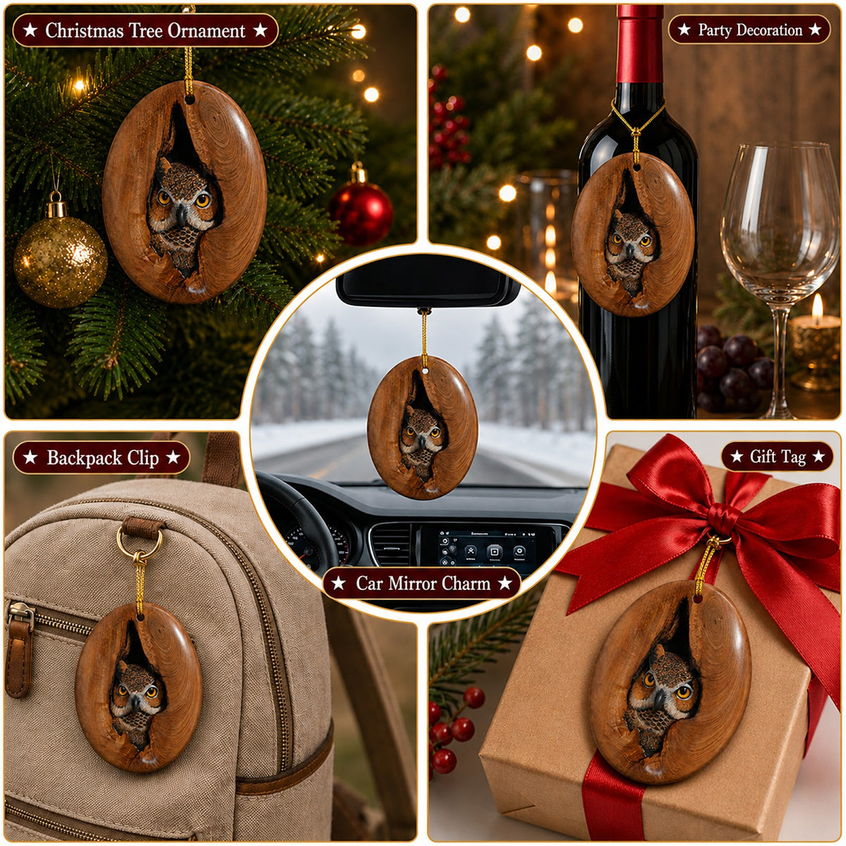 Owl Christmas Ornament, Tree Hollow Bird Lover Gift, Ceramic Hanging Tree Decoration